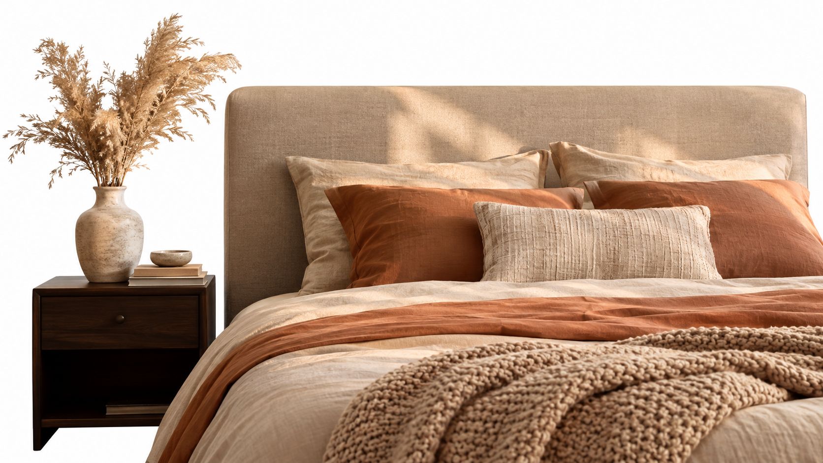 Una cama elegante con cabecero tapizado, sábanas en tonos terracota y neutros, con una decoración minimalista.