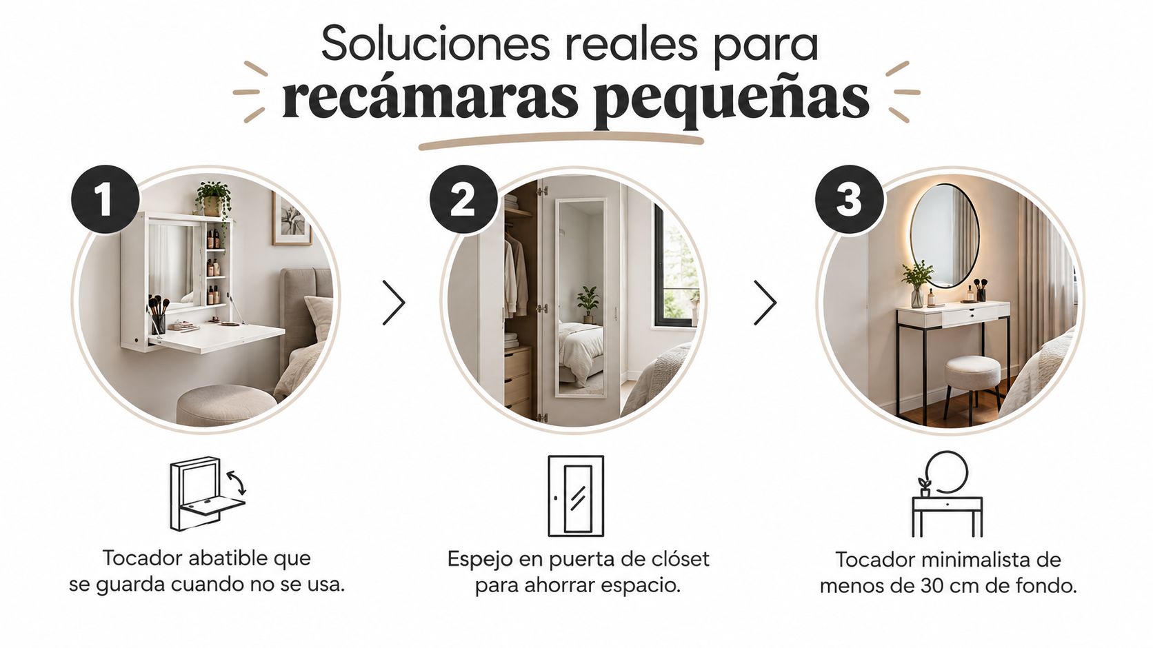 Tres soluciones de diseño para recámaras pequeñas, incluyendo tocadores abatibles, espejos en puertas y muebles minimalistas compactos.