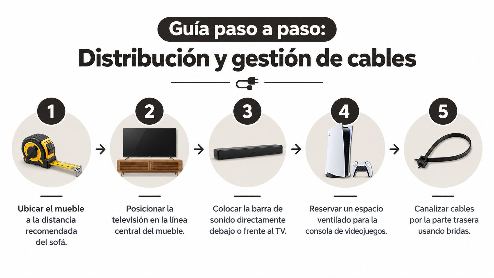 Una guía ilustrada con cinco pasos para organizar correctamente un centro de entretenimiento moderno en la sala.