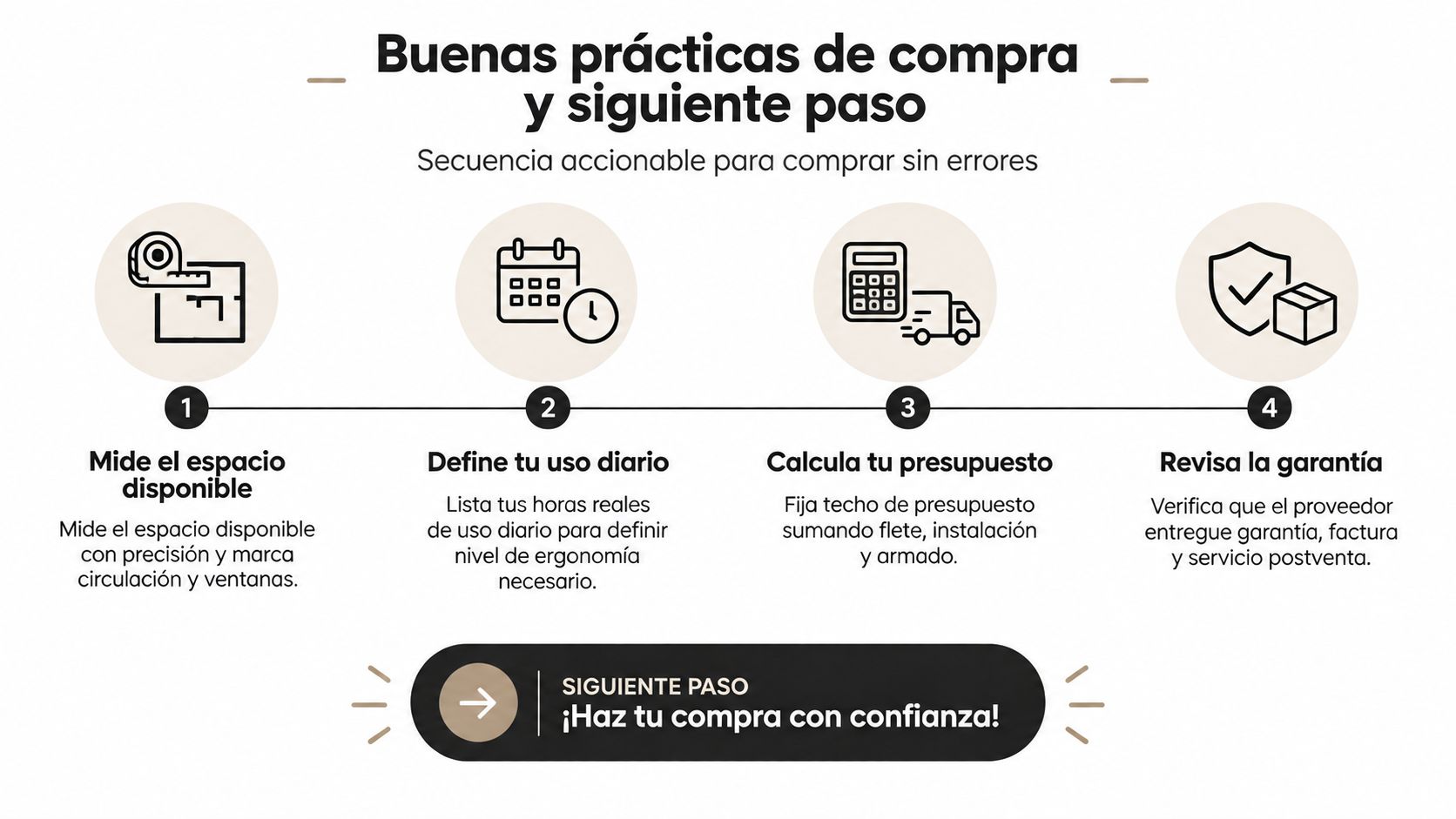 Infografía con cuatro pasos clave para realizar una compra segura de muebles de oficina con confianza.