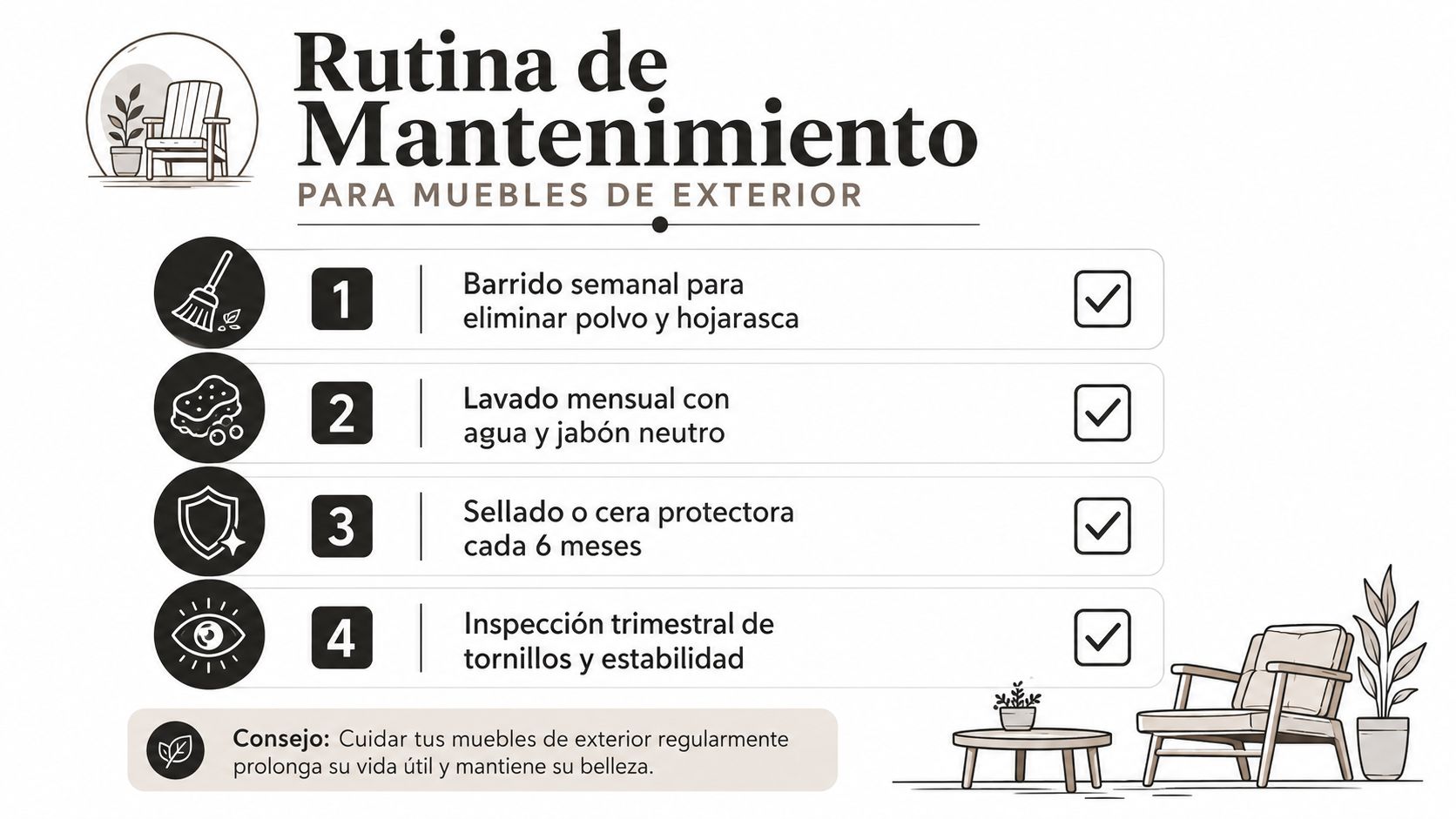 Una infografía informativa sobre la rutina de mantenimiento recomendada para el cuidado de muebles de jardín.