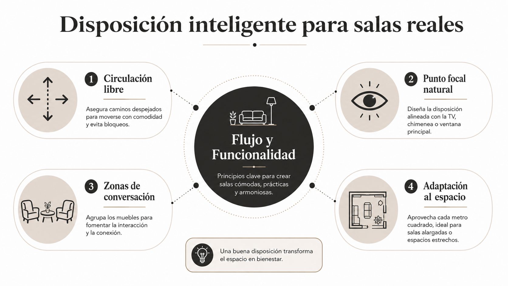 Infografía sobre consejos para una disposición inteligente de muebles en salas de estar, optimizando flujo y funcionalidad.