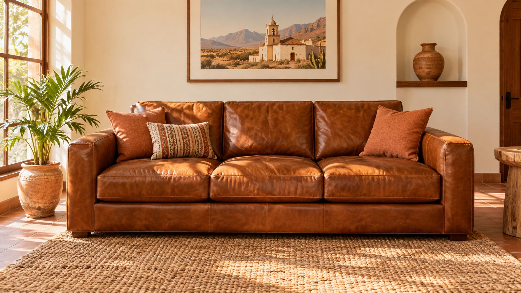 Elegante sofá de piel marrón en un salón con decoración de estilo rústico y luz cálida natural.