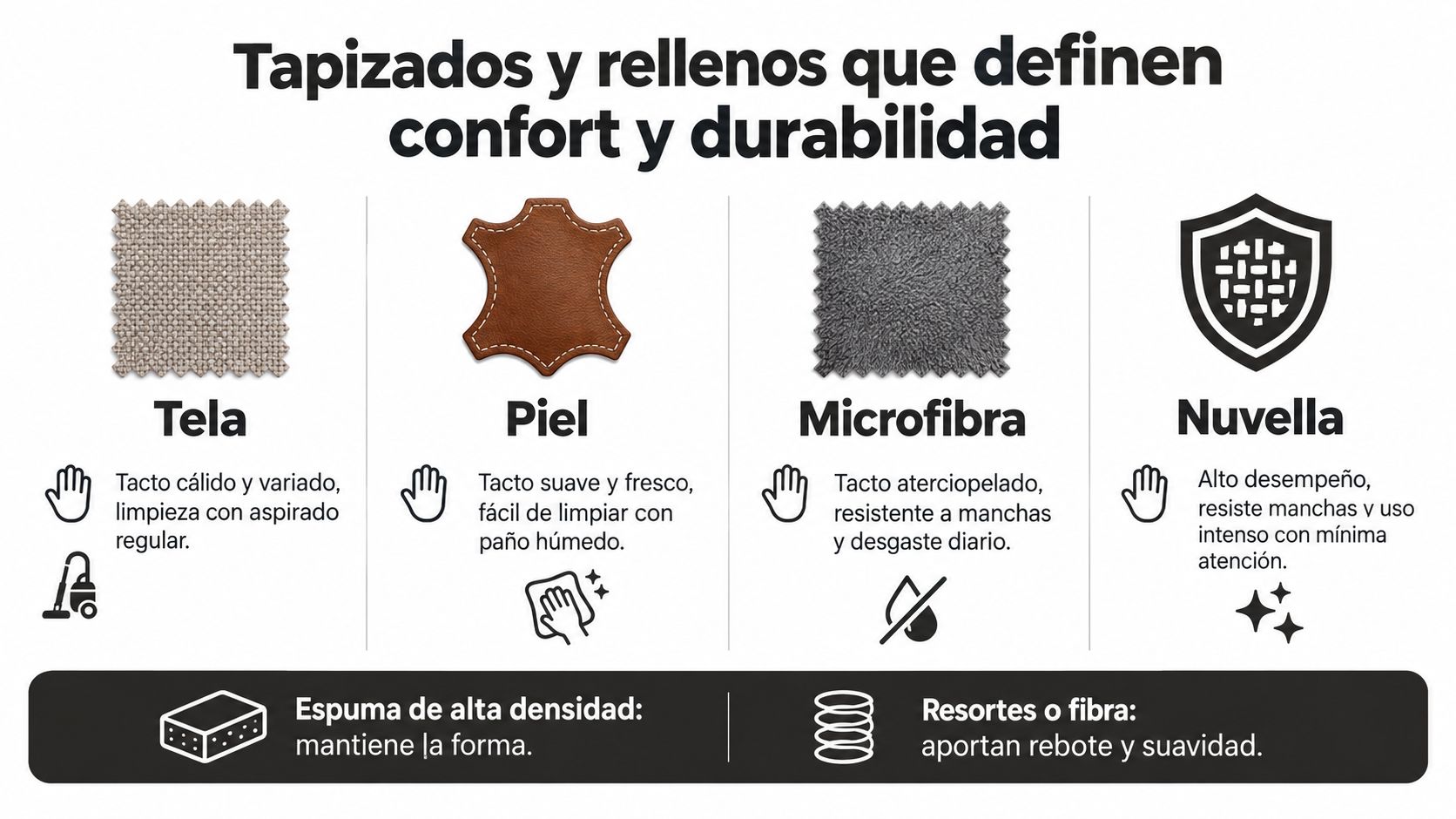 Infografía sobre los tipos de tapizados para muebles, destacando sus características, texturas y cuidados recomendados.