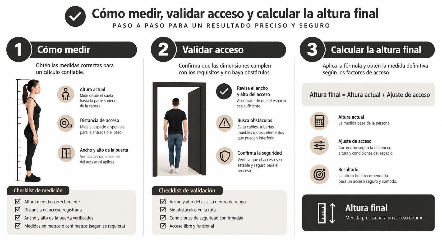 Infografía paso a paso para medir y validar el acceso de una base cama individual correctamente.