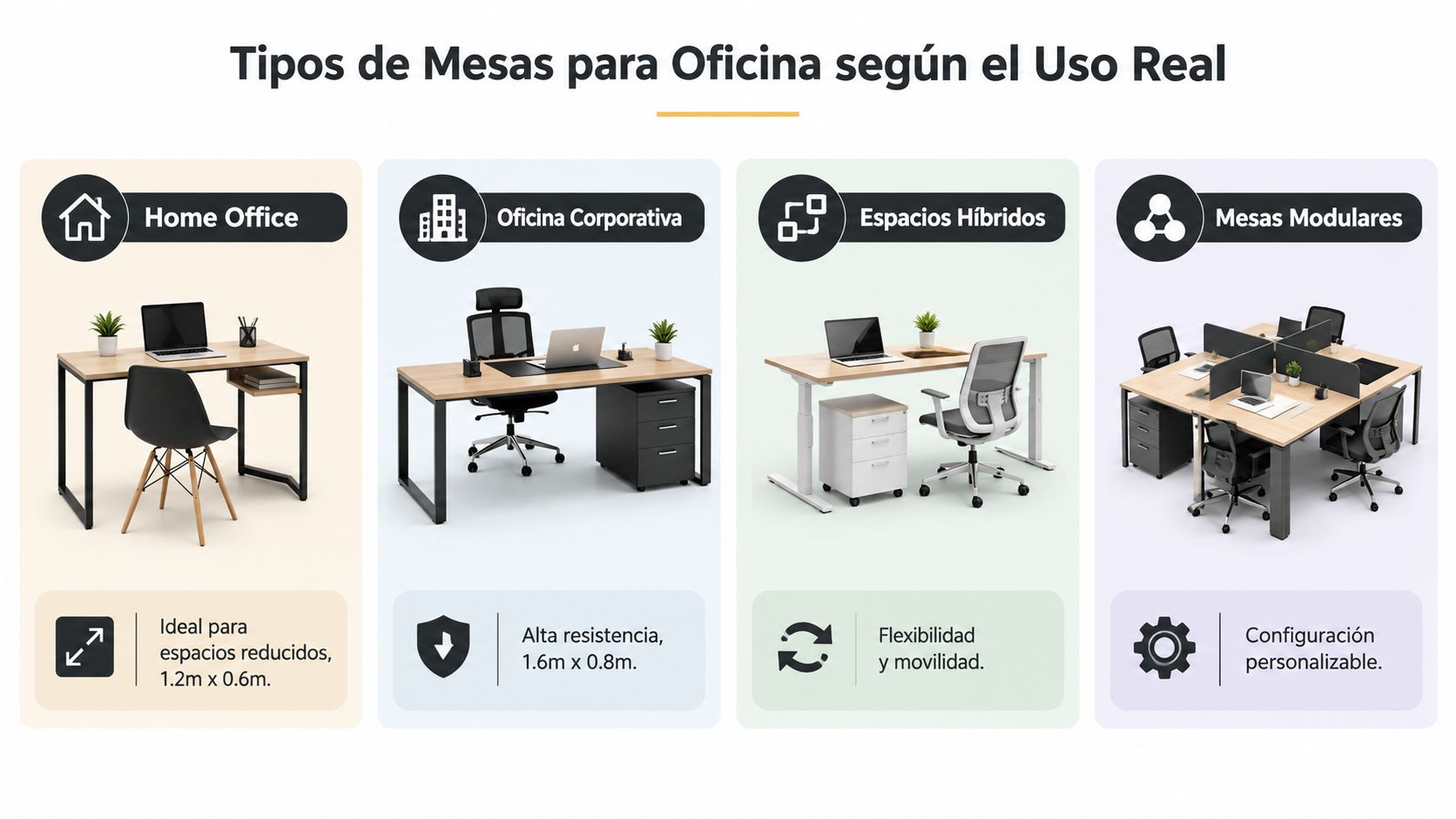 Gráfico comparativo que muestra cuatro tipos diferentes de mesas para oficina según su uso y diseño.
