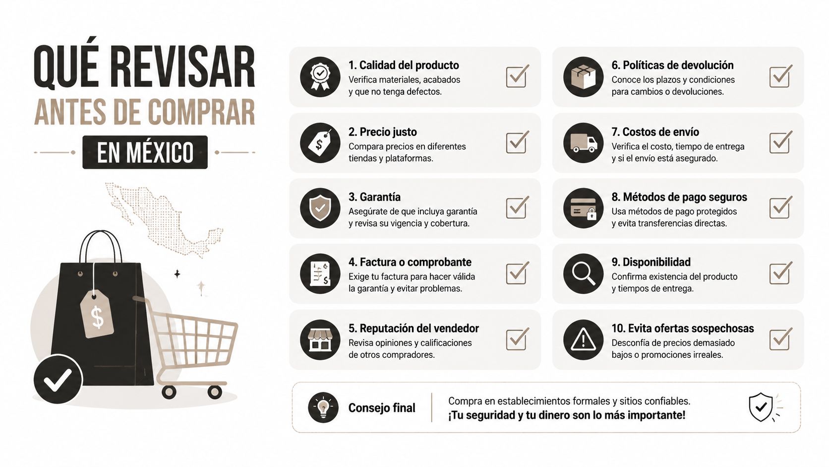 Infografía con 10 consejos esenciales para realizar compras seguras en línea dentro de México de forma responsable.