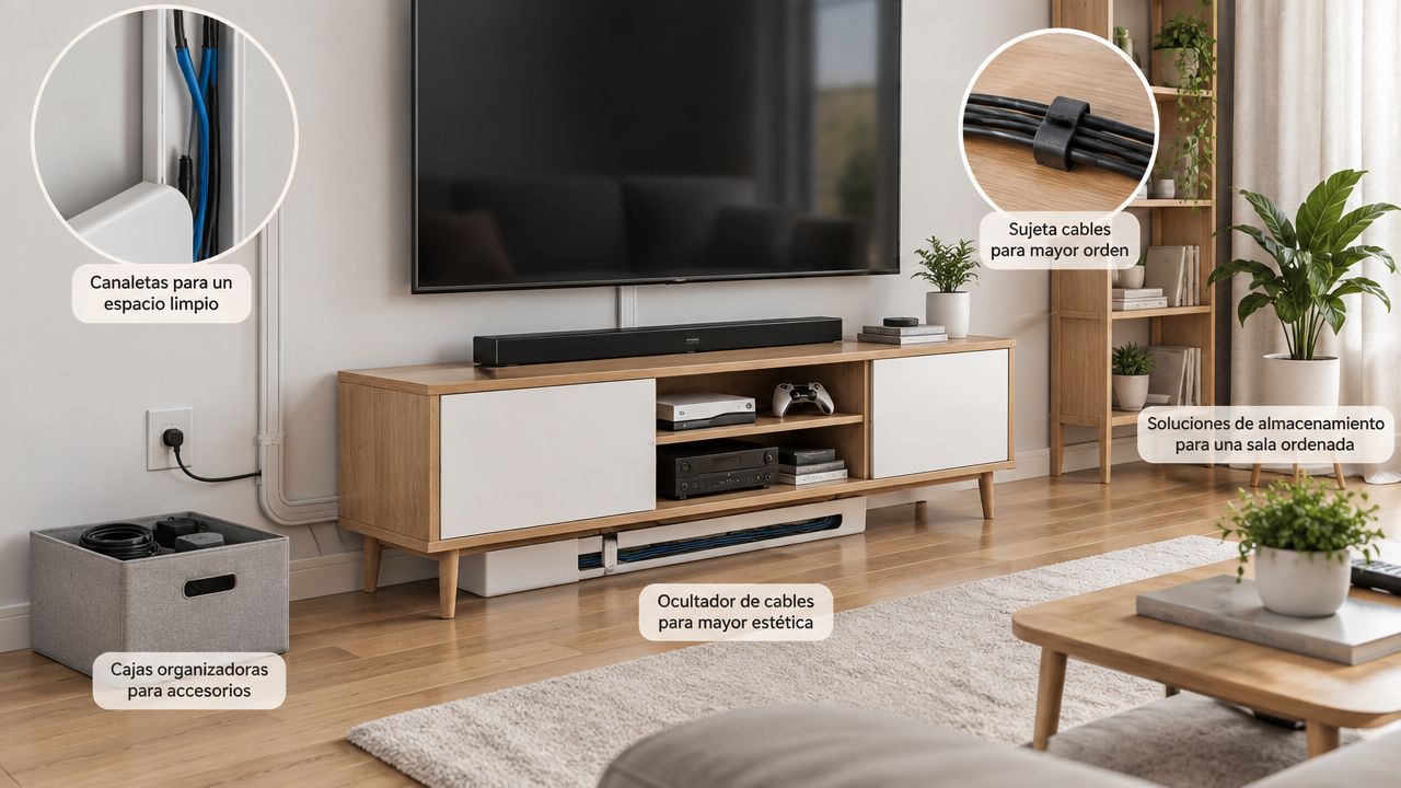 Sala de estar moderna con muebles de madera para TV, organizadores de cables y accesorios decorativos ordenados.
