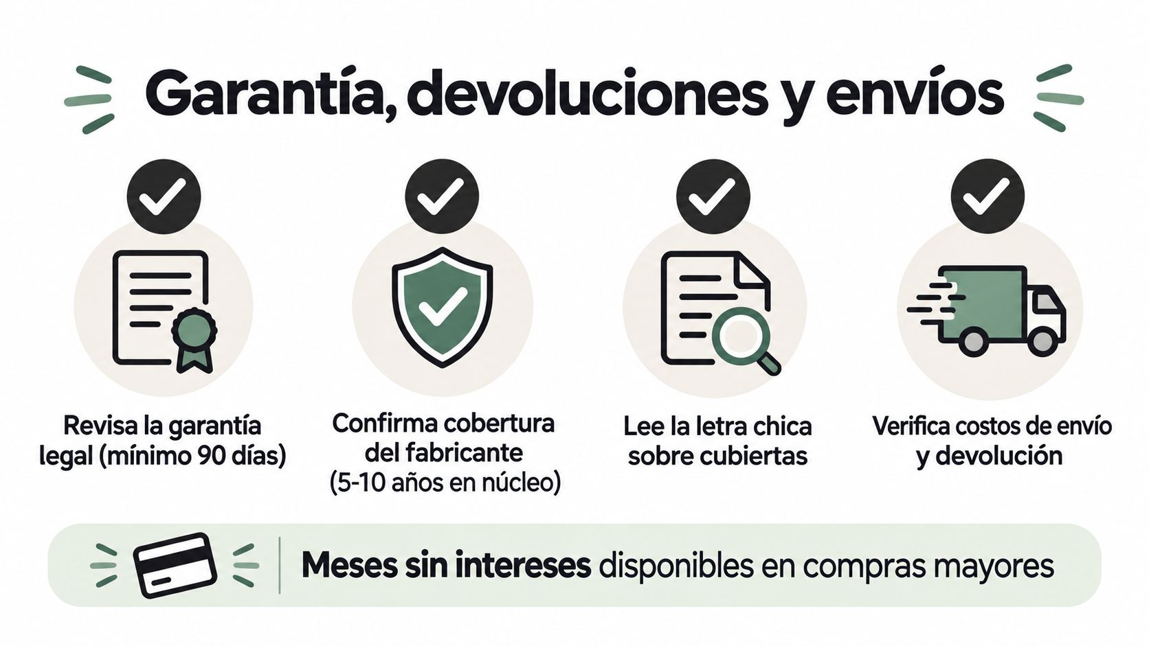 Iconos informativos sobre garantías de colchones, devoluciones, políticas de envío y opciones de pago a meses sin intereses.