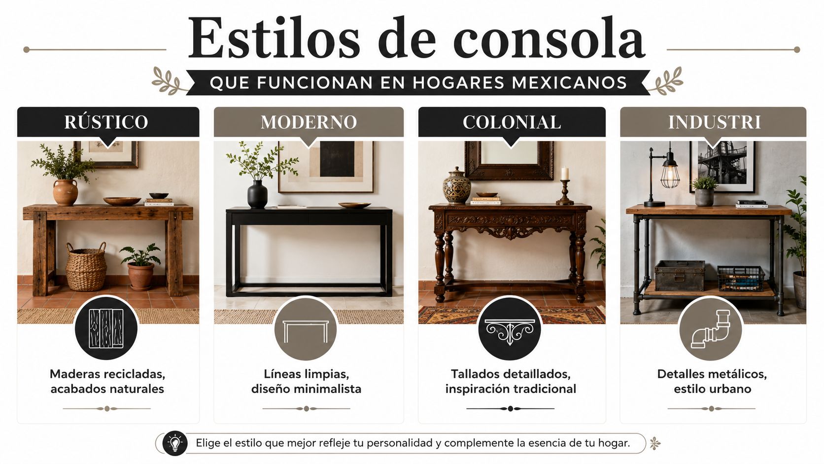 Infografía que muestra cuatro estilos de consola para el hogar: rústico, moderno, colonial e industrial.