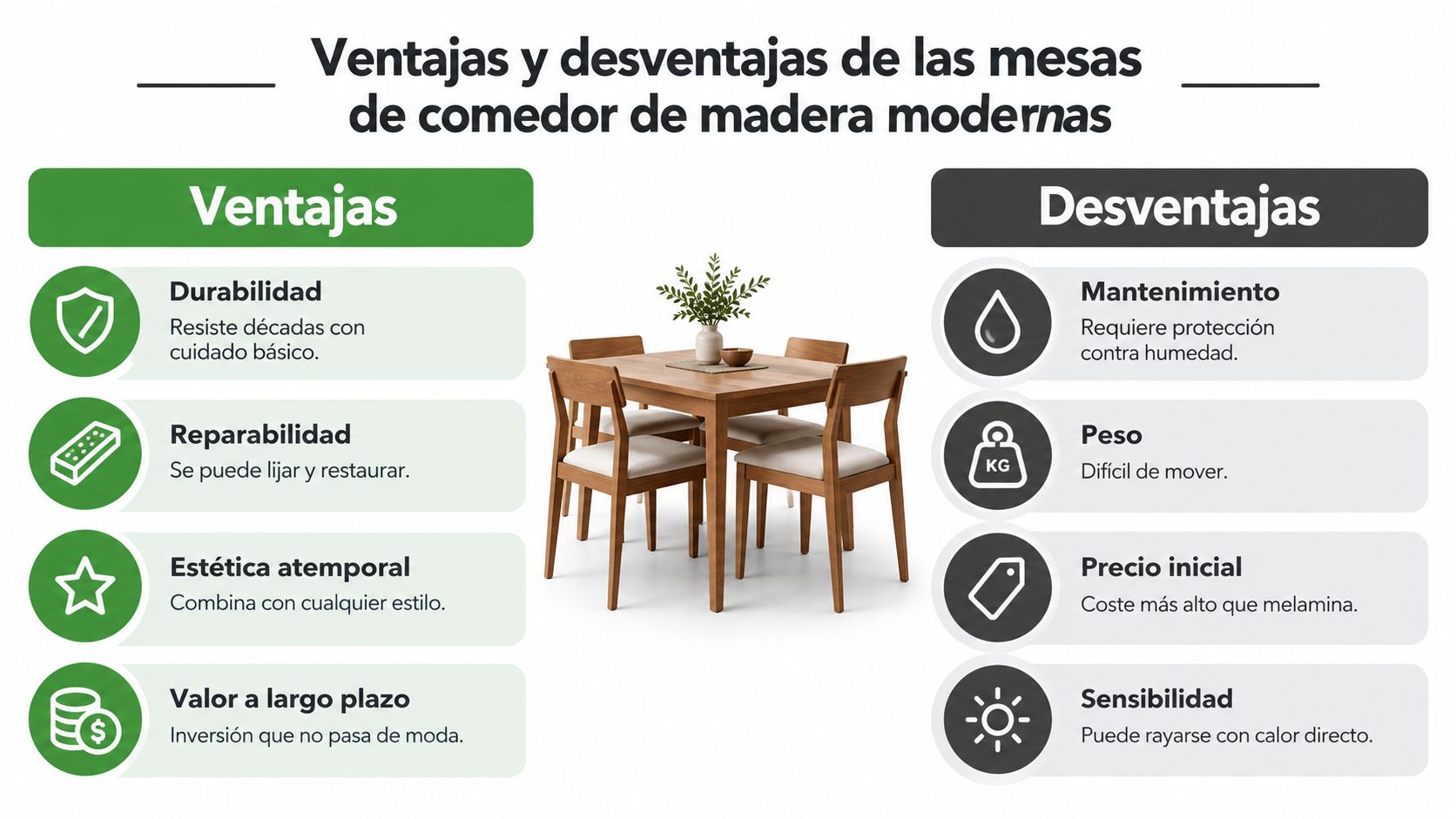 Infografía sobre las ventajas y desventajas de comprar una mesa de comedor de madera moderna.