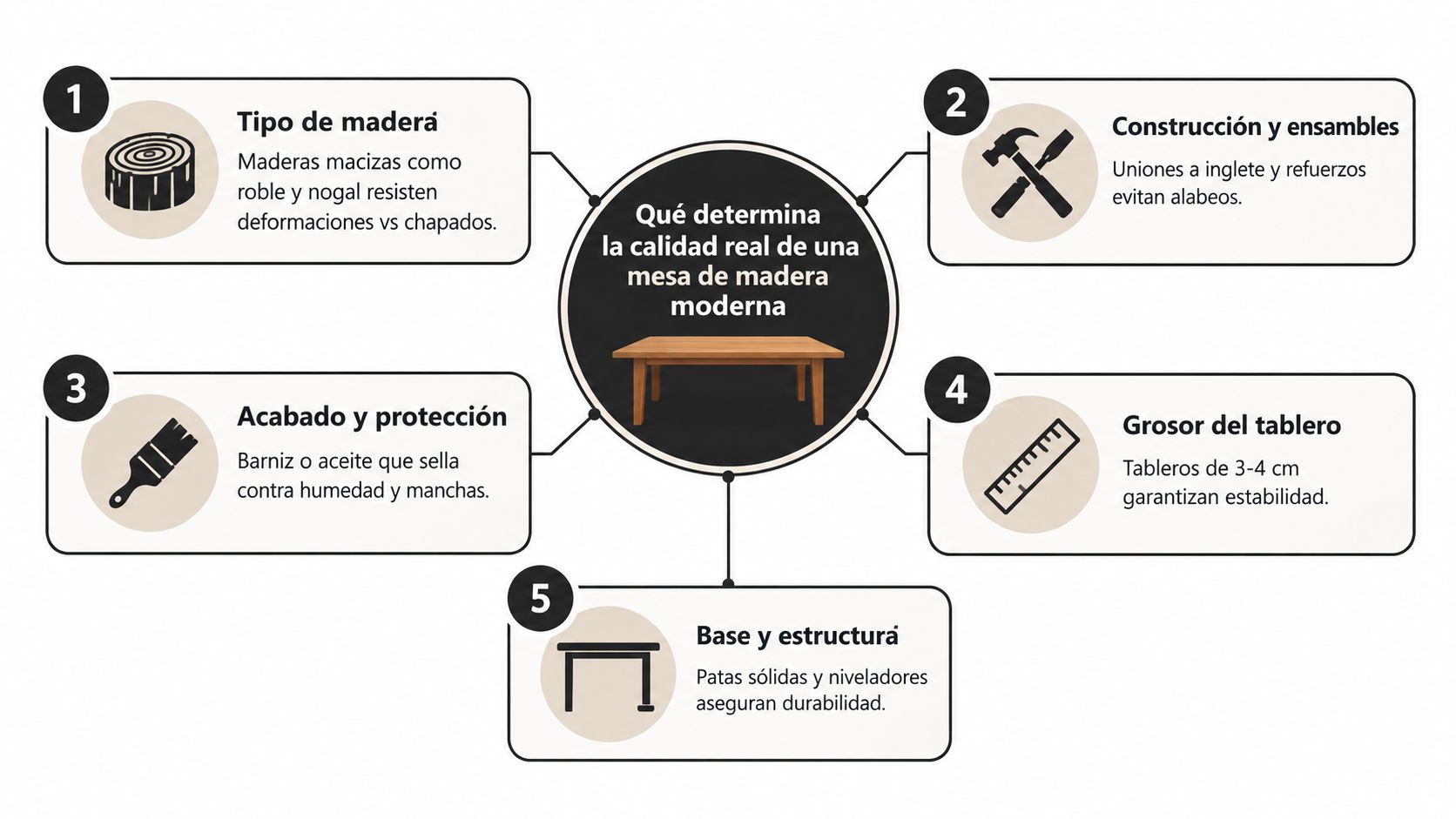 Infografía sobre los cinco factores clave que determinan la calidad real de una mesa de comedor moderna.