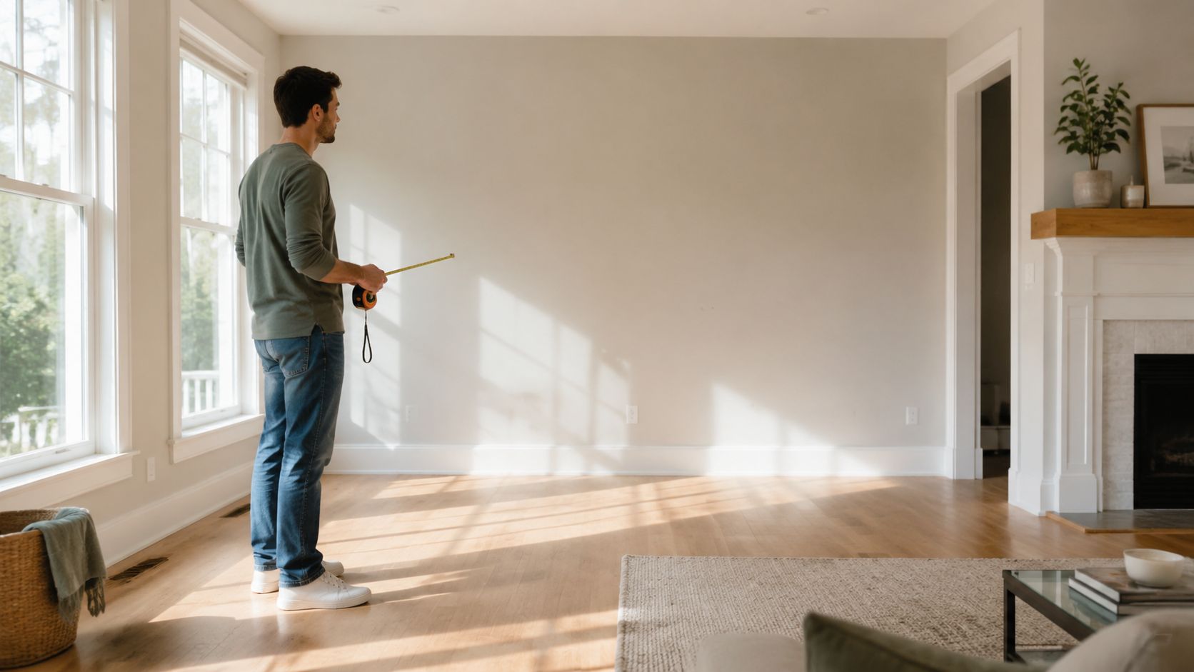 Un hombre con una cinta métrica en una sala de estar vacía con paredes claras y ventanas.