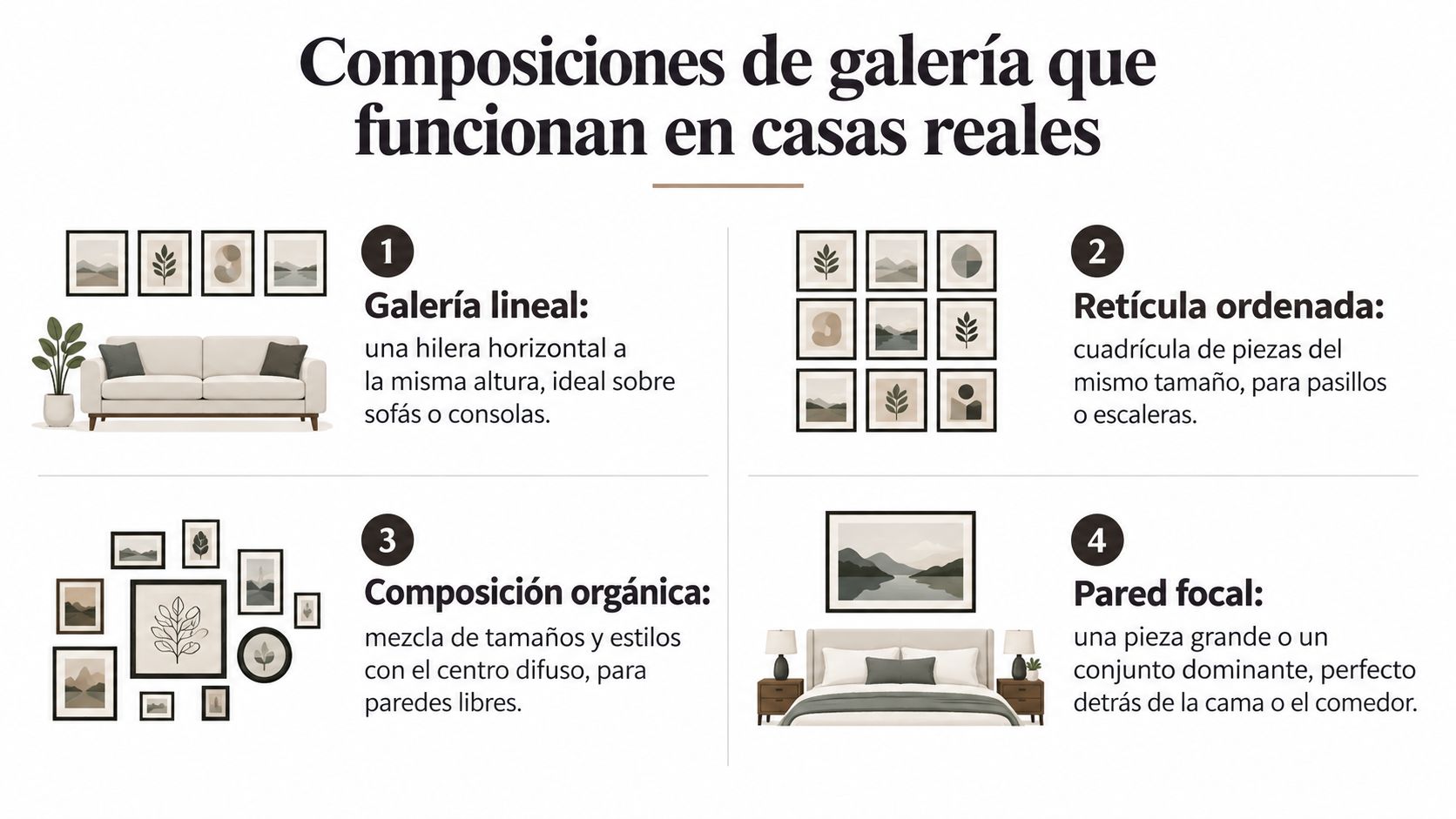 Cuatro estilos diferentes de decoración con cuadros para colgar en las paredes de una casa.
