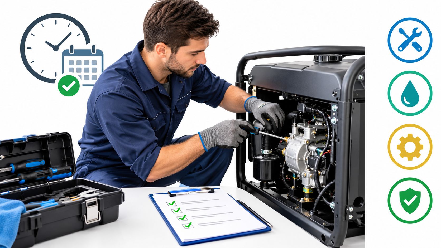 Un técnico profesional realizando el mantenimiento preventivo de un generador eléctrico sobre una mesa de trabajo.