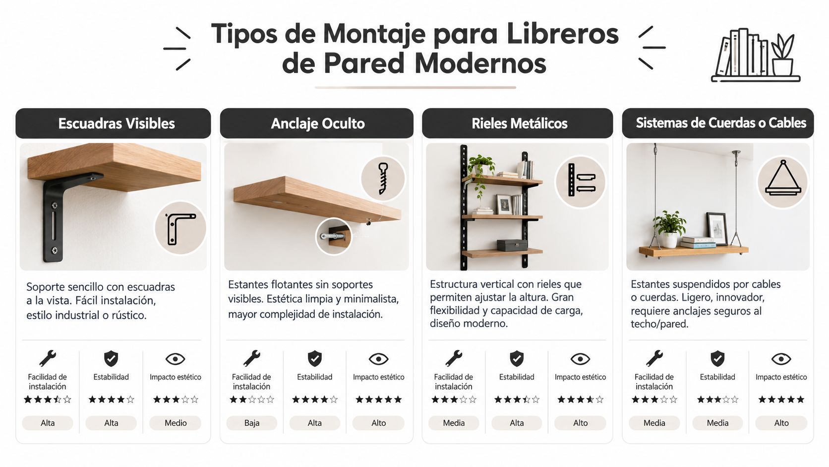 Infografía comparativa sobre cuatro tipos de montaje para libreros de pared modernos, destacando sus características y ventajas.