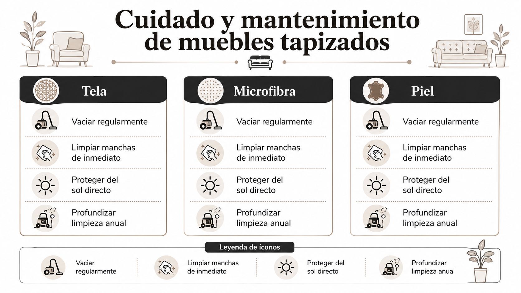 Guía ilustrada con consejos de mantenimiento y cuidado para muebles tapizados de tela, microfibra y piel.