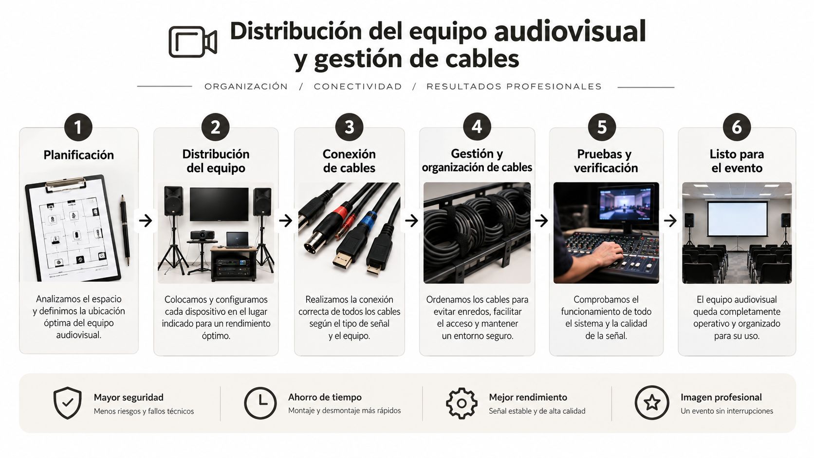 Infografía sobre los pasos para la distribución profesional de equipos audiovisuales y la gestión ordenada de cables.