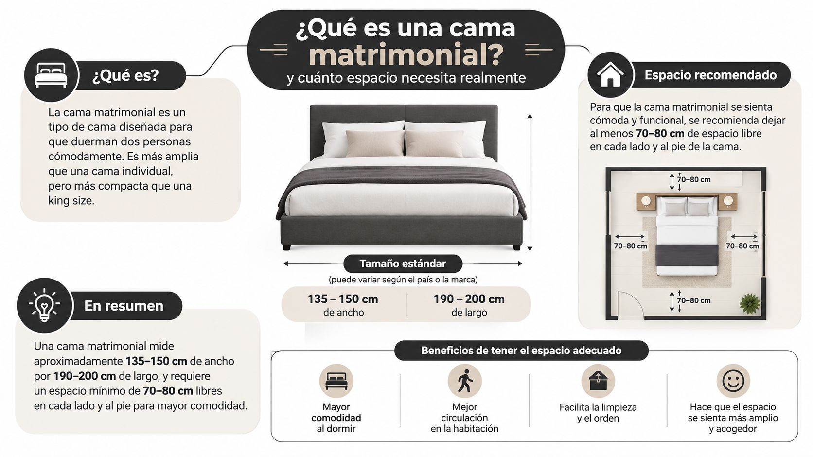 Infografía informativa sobre las dimensiones estándar de una cama matrimonial y el espacio necesario para la habitación.