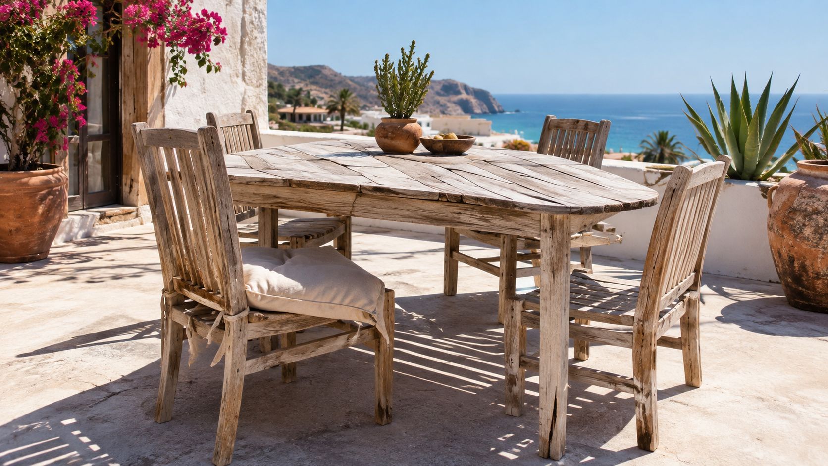 Un juego de comedor de madera rústica en una terraza mediterránea con vista al mar y flores.