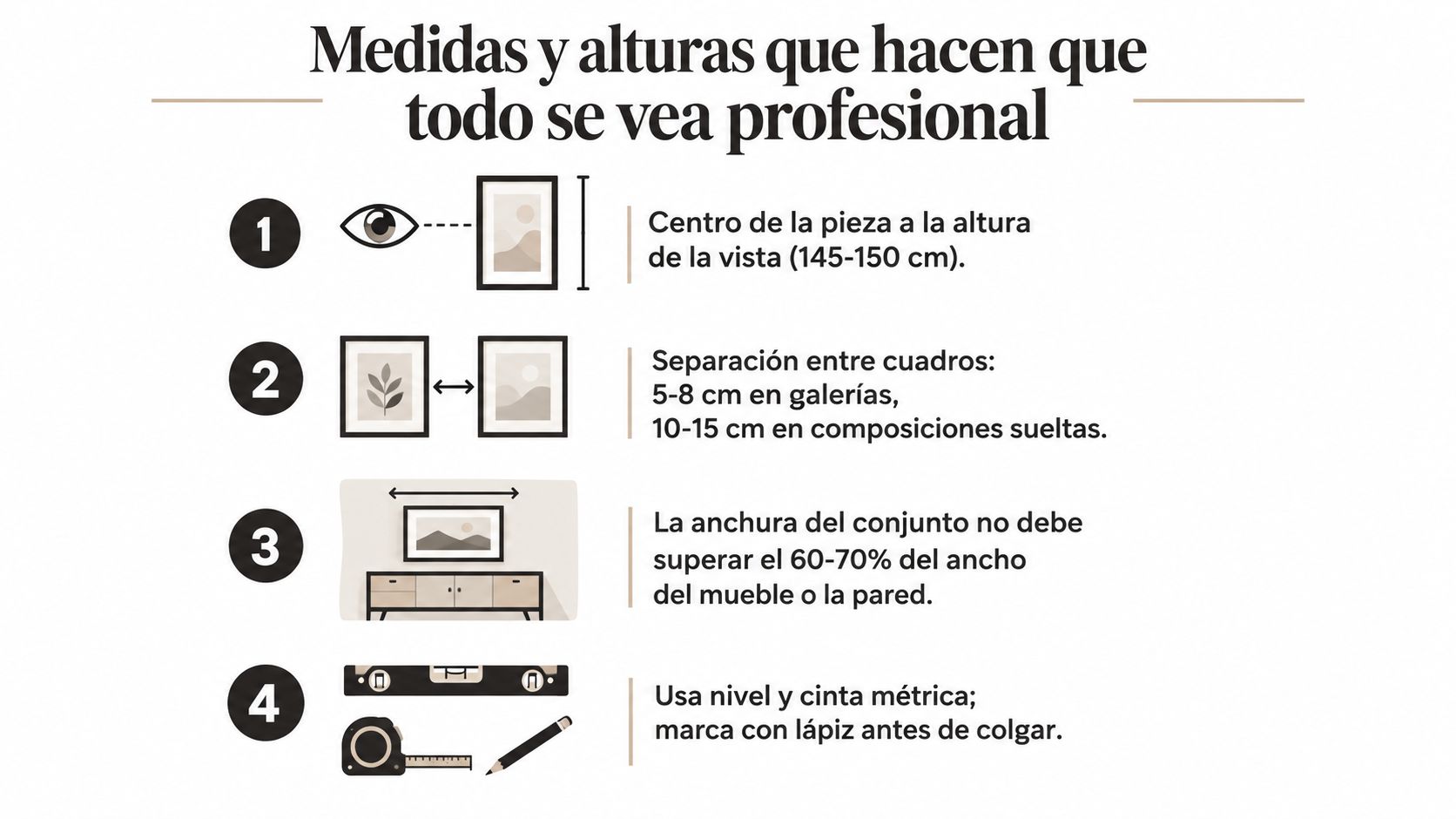 Infografía con consejos sobre la altura y medidas recomendadas para colgar cuadros profesionalmente en la pared.