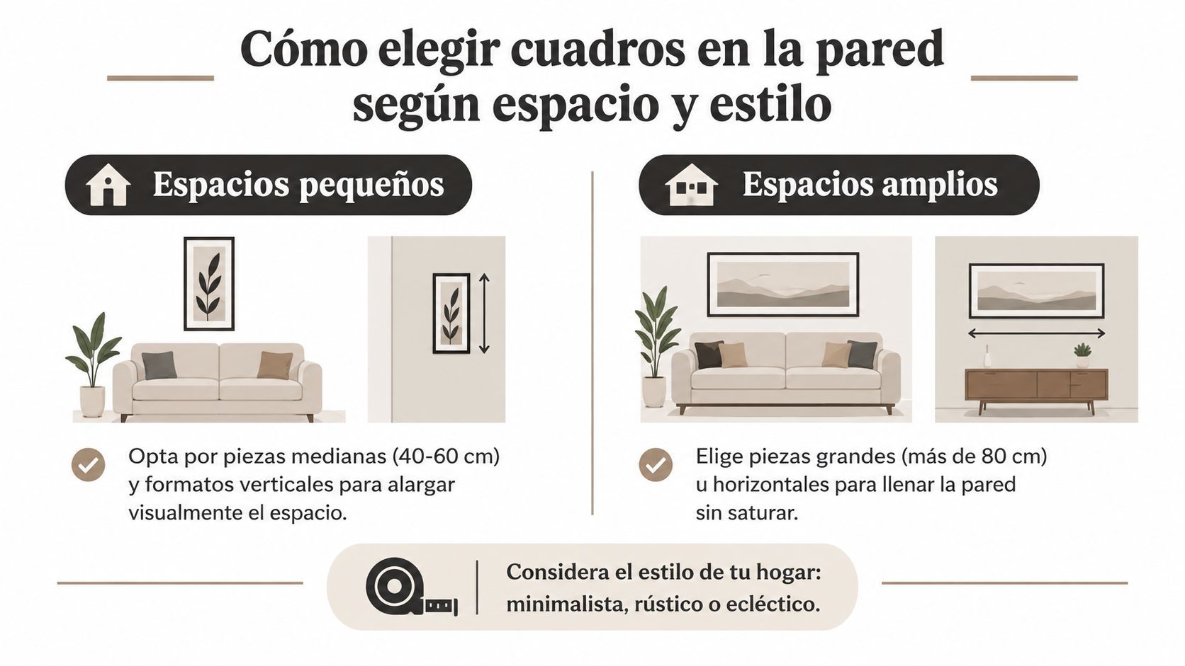 Infografía sobre cómo elegir cuadros para la pared dependiendo del tamaño del espacio y estilo decorativo.