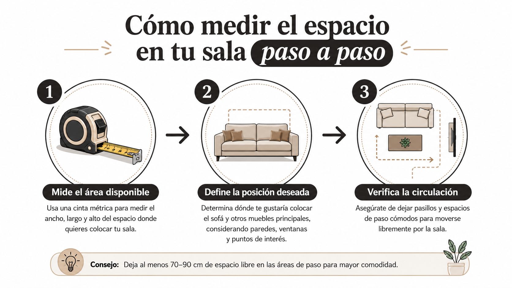 Infografía paso a paso explicando cómo medir el espacio de una sala para organizar los muebles correctamente.