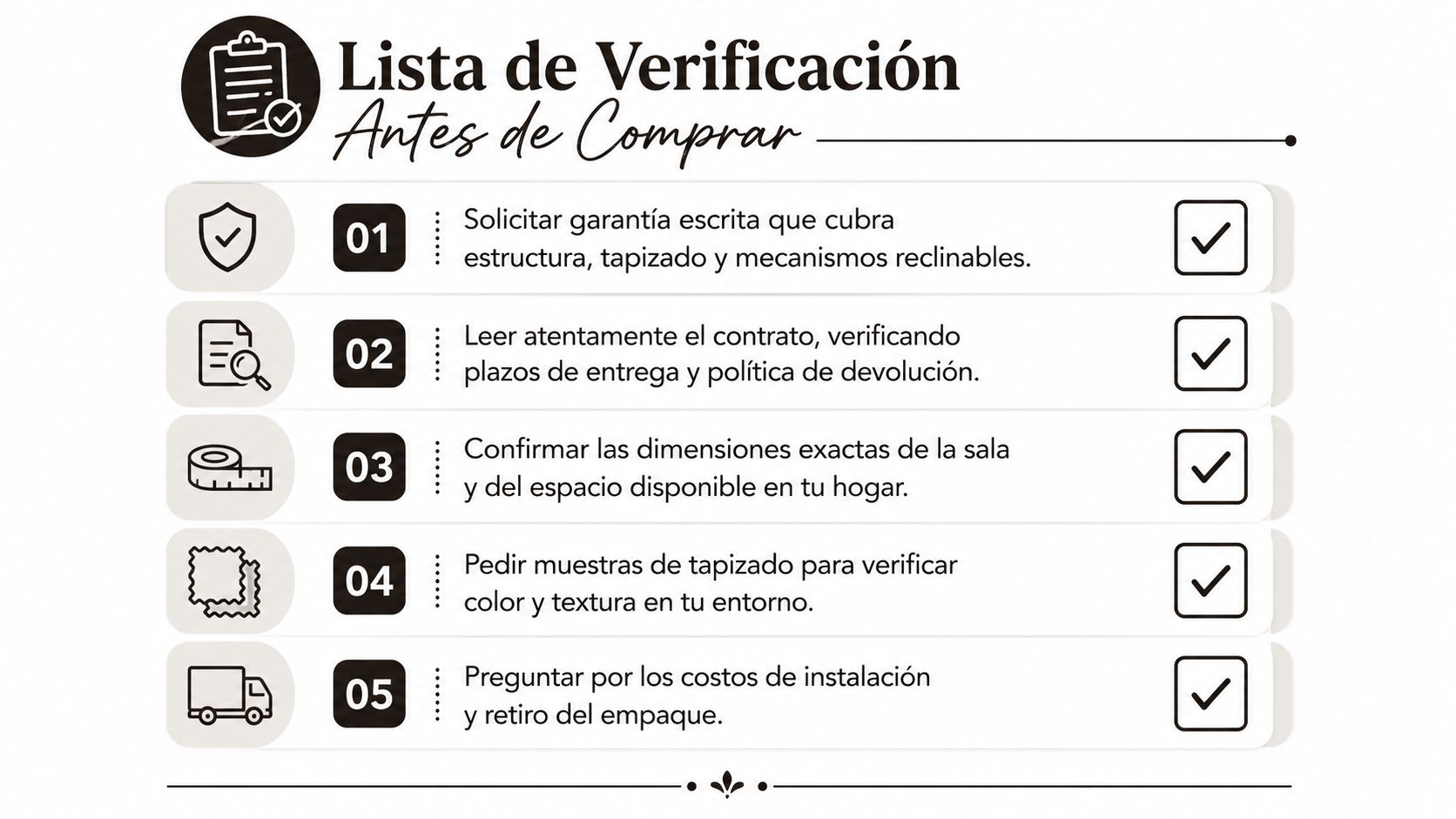 Lista de verificación antes de comprar una sala modular con cinco consejos esenciales para una compra segura.