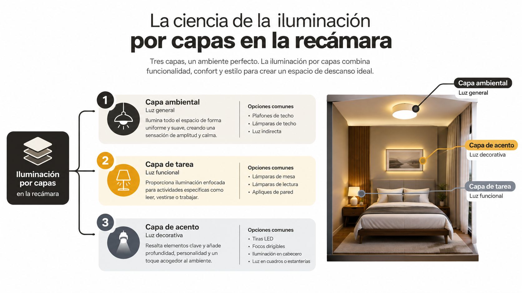 Infografía sobre la ciencia de la iluminación por capas en la recámara mostrando diferentes tipos de luces.