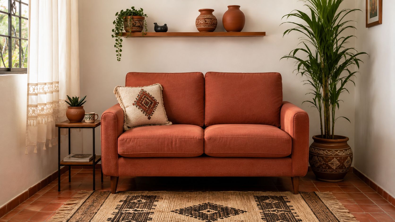 Cómodo sofá de dos plazas color naranja con decoración estilo rústico mexicano en una sala iluminada.