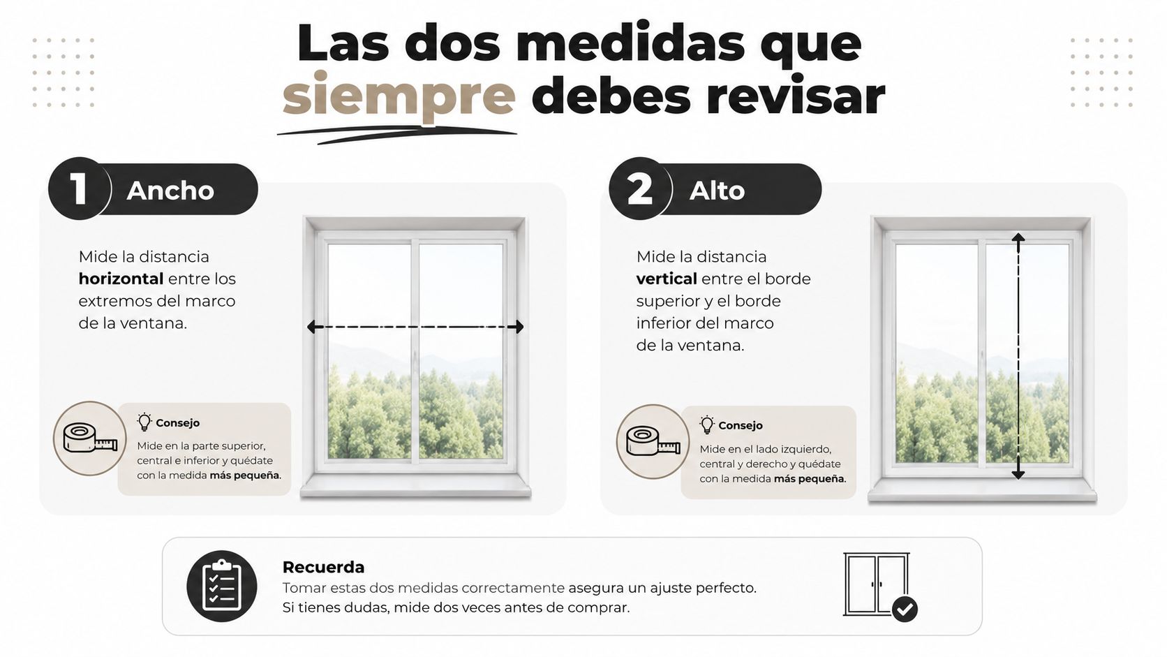 Infografía que explica cómo medir correctamente el ancho y el alto de una ventana para instalar persianas.