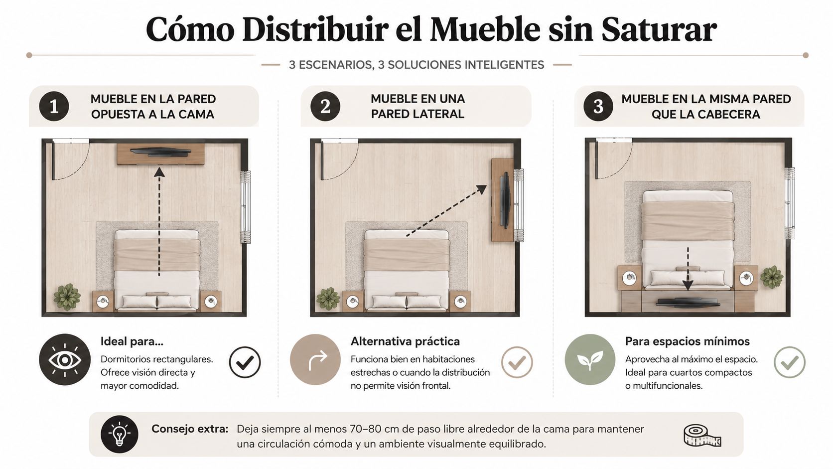 Infografía sobre cómo distribuir muebles para TV en la recámara optimizando el espacio y la circulación.