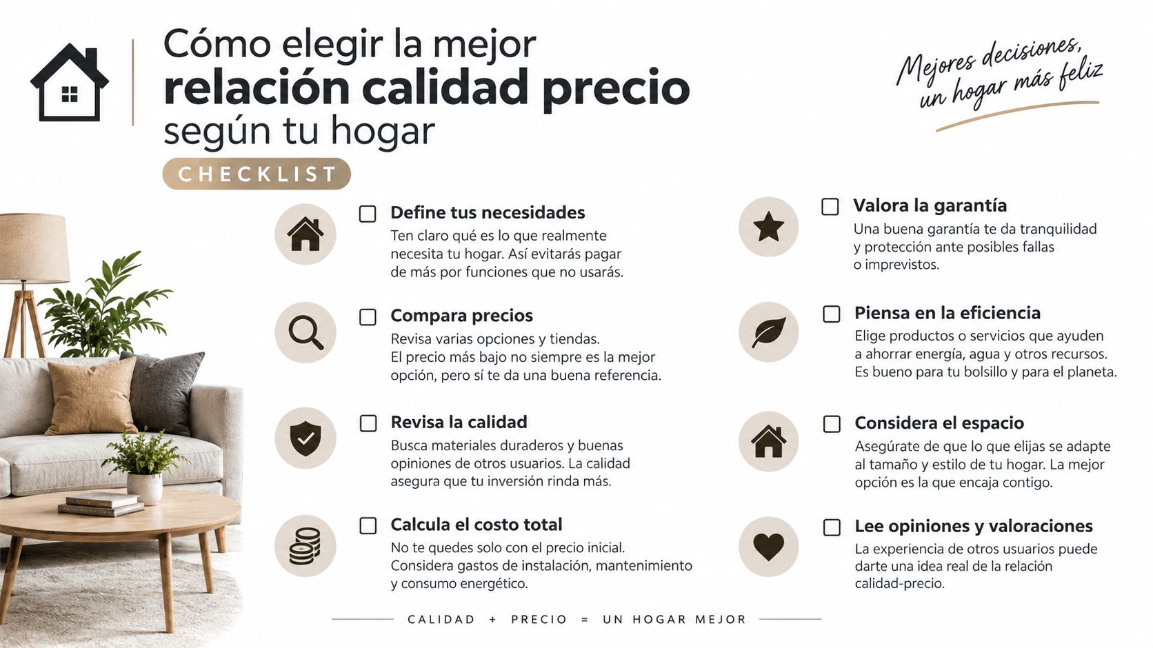 Una lista de verificación infográfica en español con consejos para elegir la mejor relación calidad-precio para tu hogar.