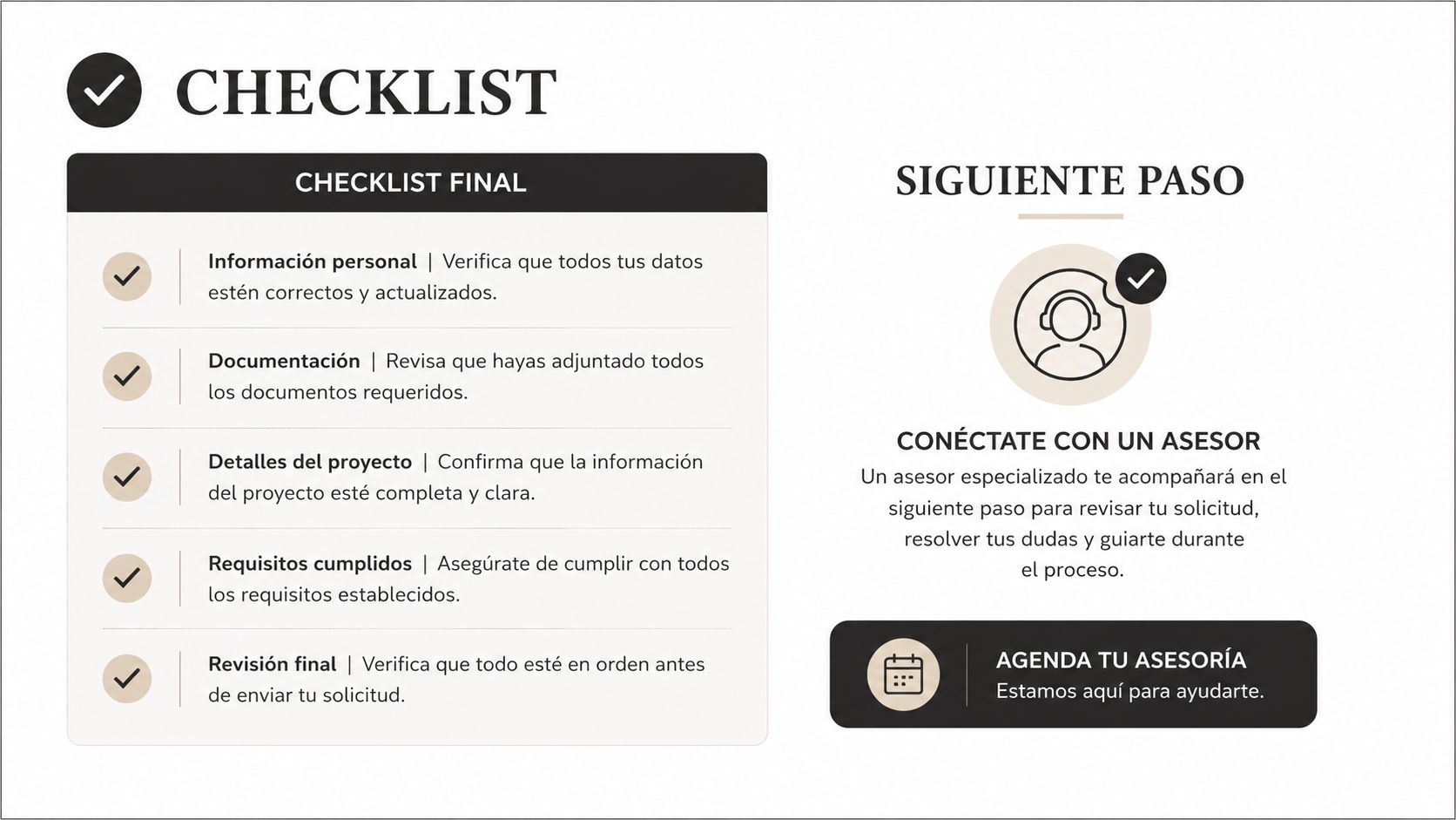 Lista de verificación para procesos de solicitud con pasos a seguir para contactar a un asesor especializado.