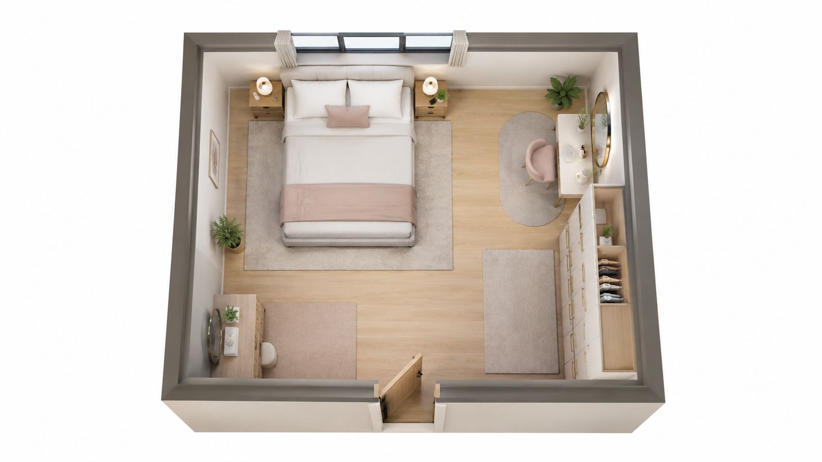 Vista superior de una recámara moderna con cama doble, zona de tocador, amplio clóset y decoración acogedora.