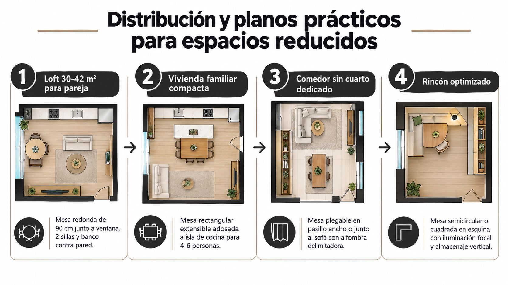 Ilustración con cuatro planos prácticos para organizar comedores y muebles en casas o espacios de tamaño reducido.