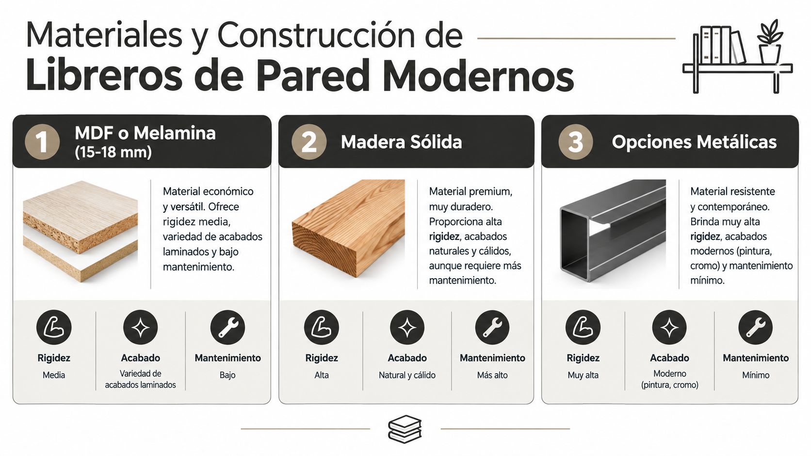 Comparativa de materiales para la construcción de libreros de pared modernos: MDF, madera sólida y metal.