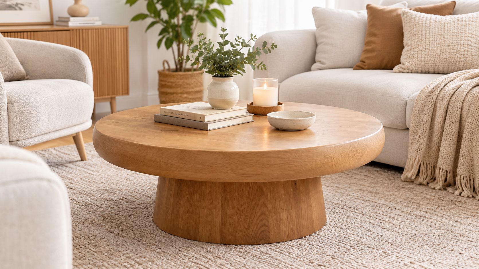Una mesa de centro de madera redonda con decoración minimalista en una sala de estar moderna.