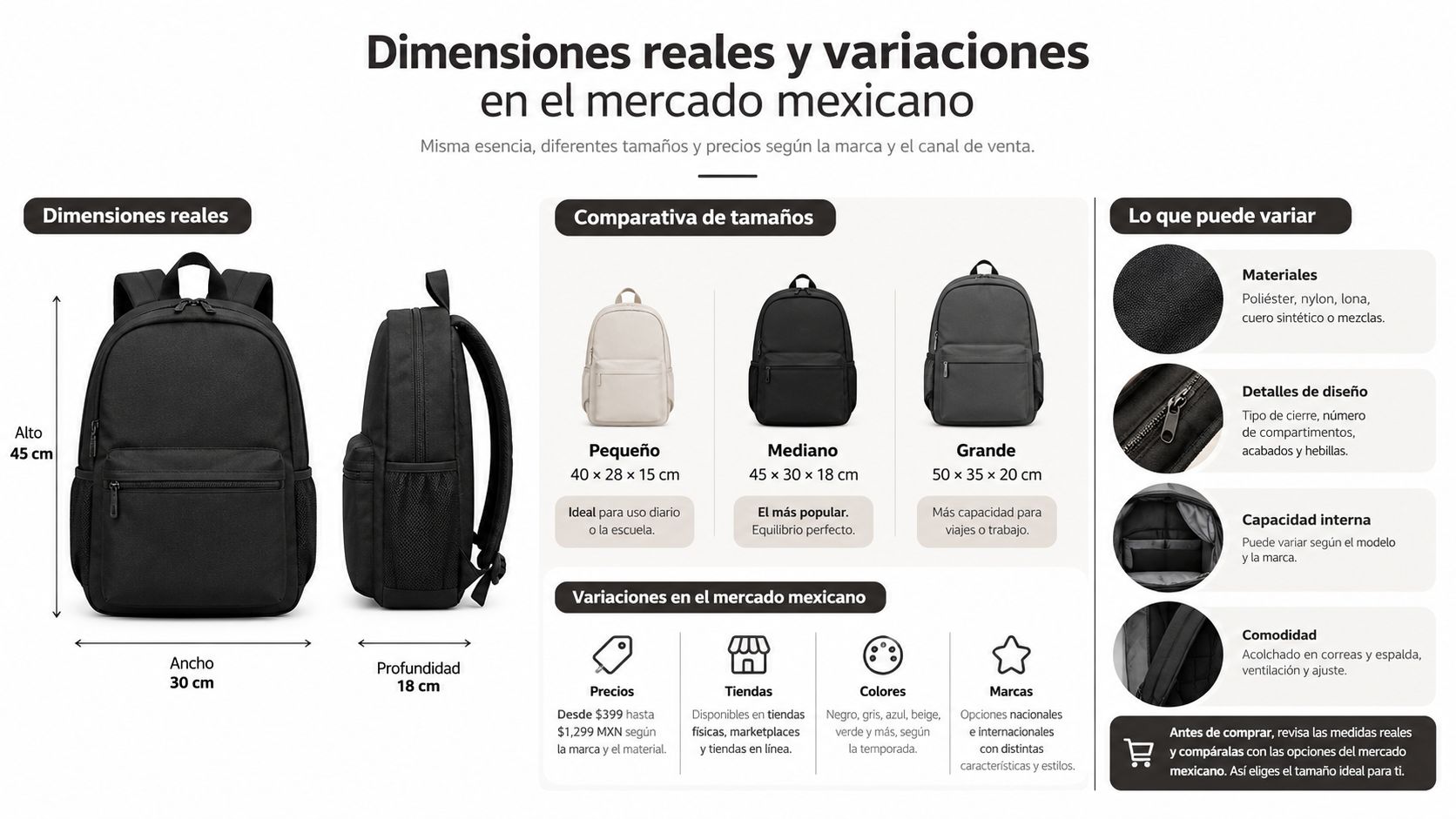 Infografía sobre dimensiones reales de mochilas y sus variaciones de tamaño en el mercado mexicano.