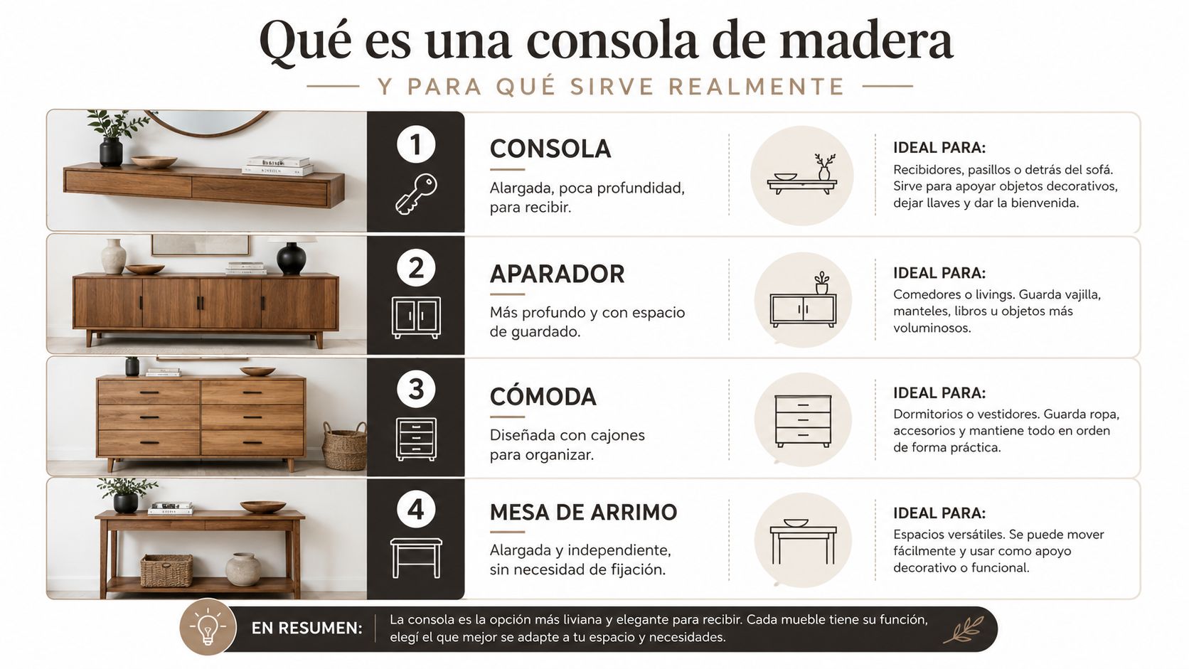 Infografía sobre las diferencias y usos de muebles de madera como consolas, aparadores, cómodas y mesas de arrimo.