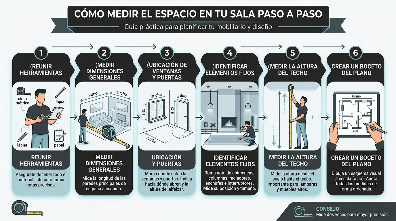 Una infografía paso a paso que explica cómo medir correctamente el espacio de una sala.