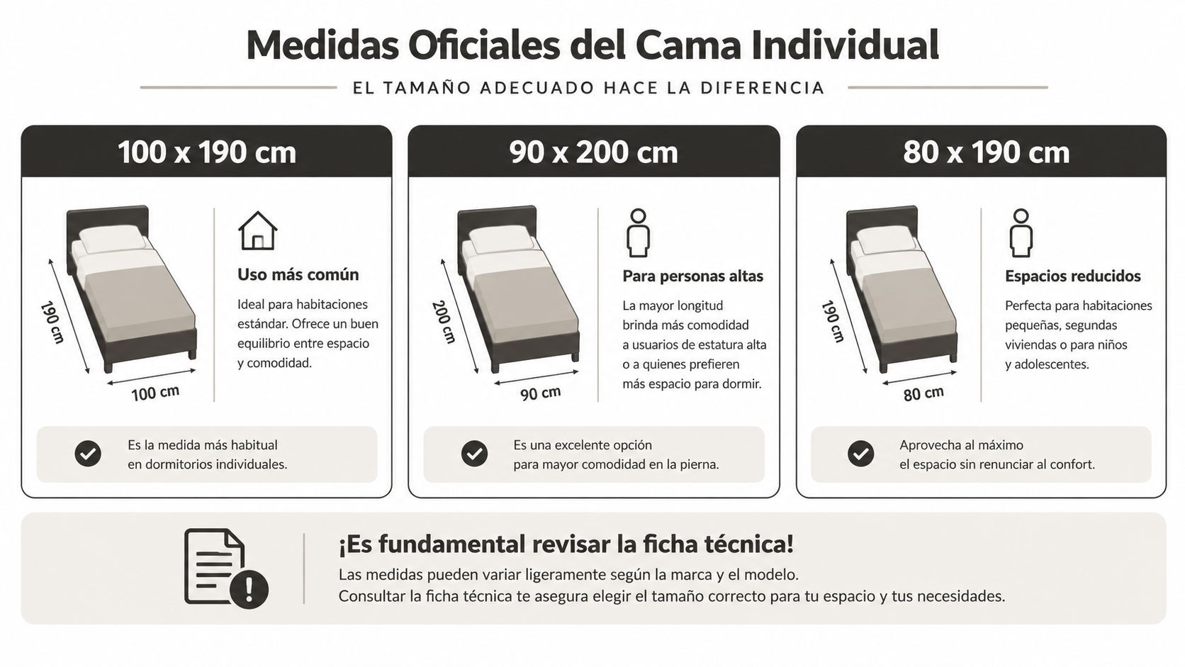 Infografía sobre las medidas oficiales de camas individuales con tres opciones de tamaños distintos.
