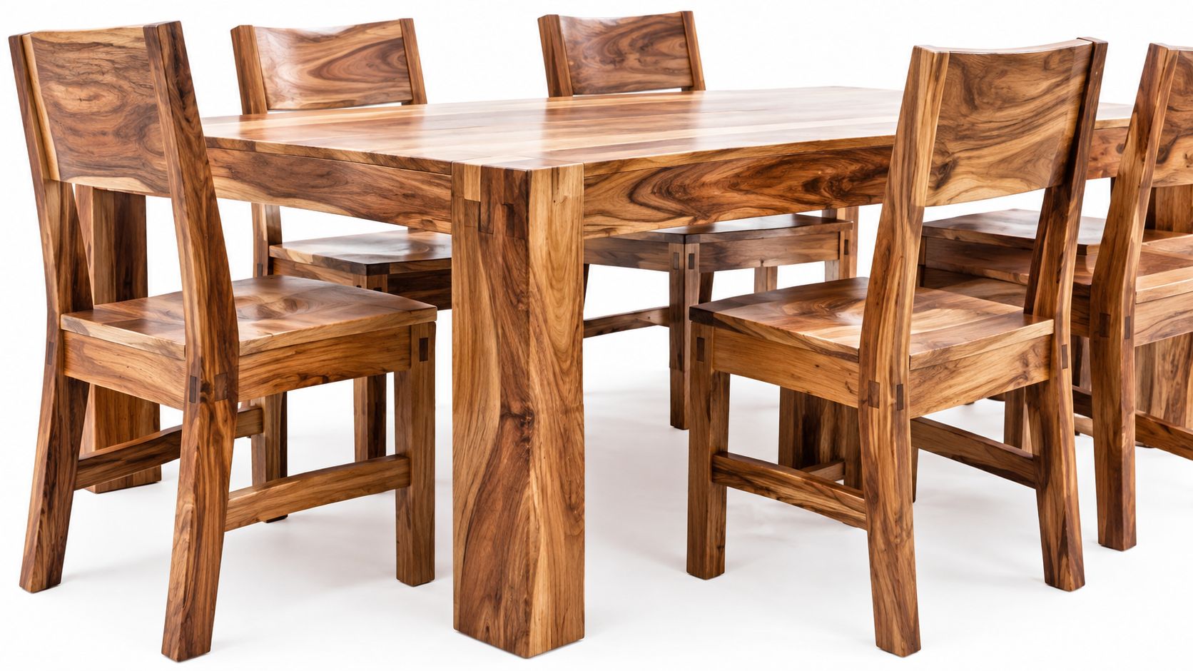 Un elegante comedor de madera de parota con seis sillas robustas sobre un fondo blanco limpio.
