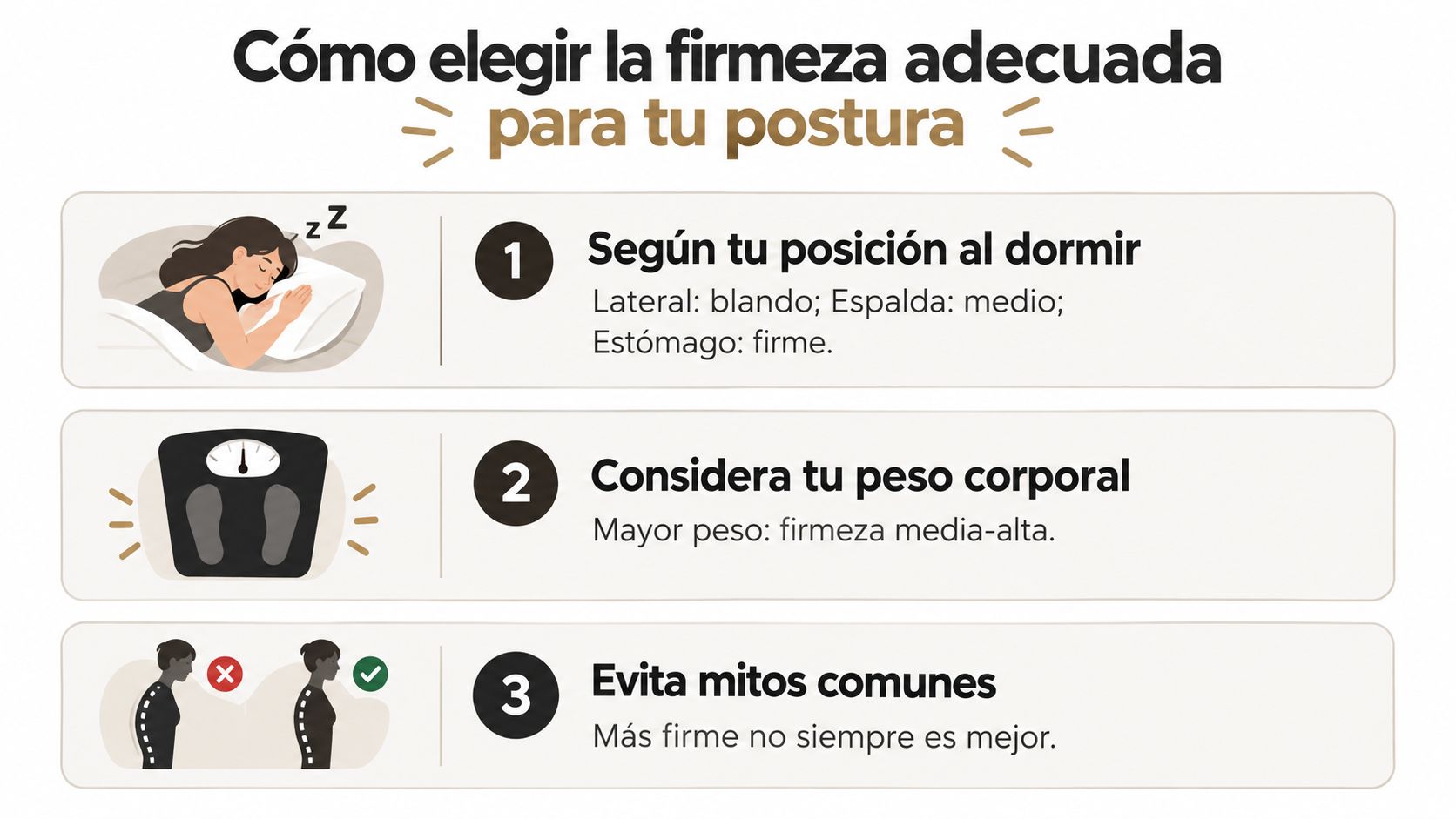 Infografía sobre cómo elegir la firmeza del colchón según la posición al dormir, peso y salud postural.