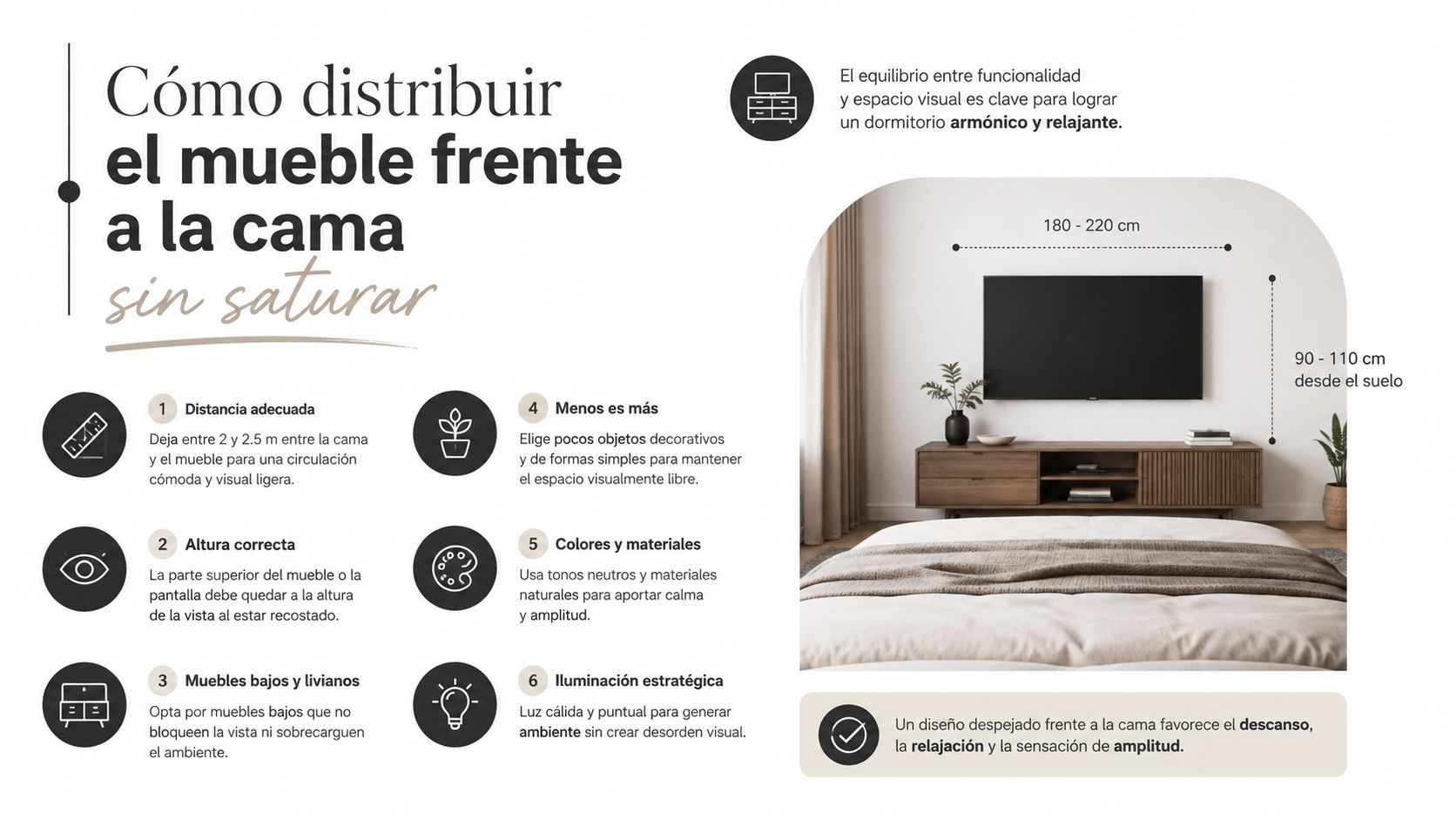 Consejos para organizar muebles y televisor frente a la cama manteniendo un estilo armonioso y relajante.
