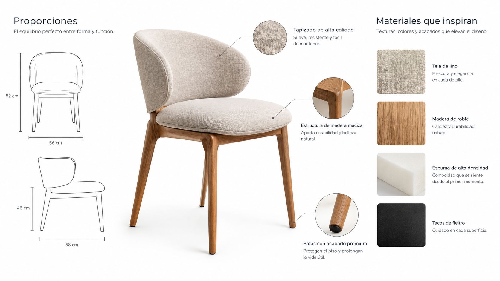 Silla de comedor moderna con tapizado de tela beige y estructura de madera de roble maciza