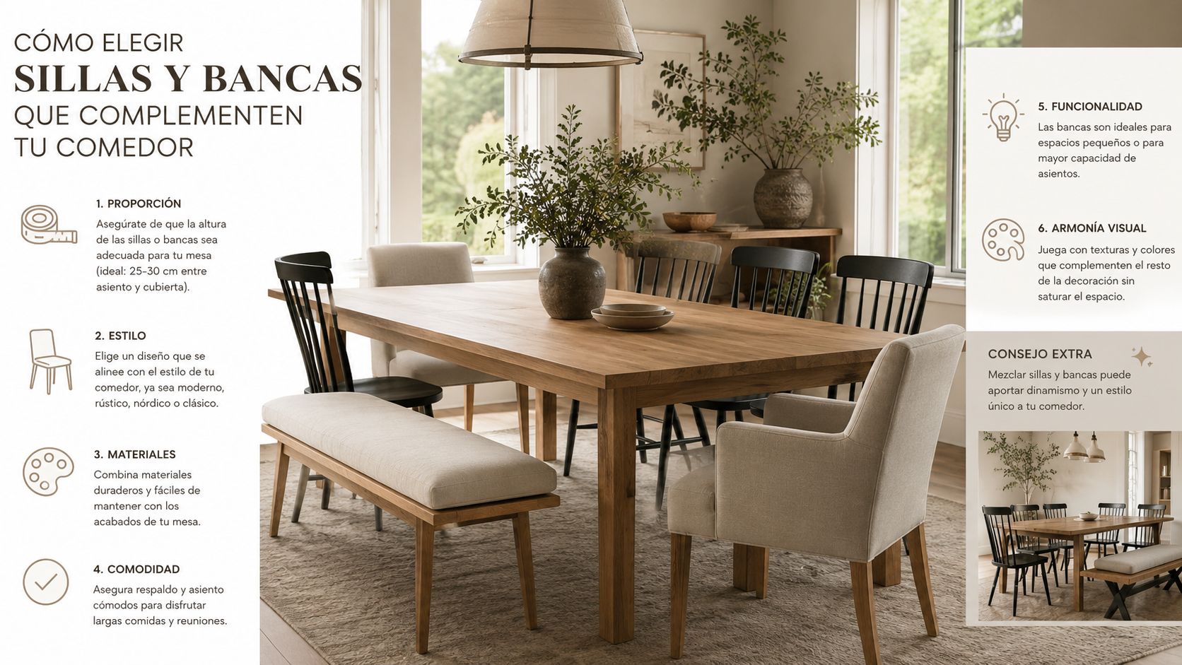 Comedor luminoso con mesa de madera, rodeado de sillas negras y bancas tapizadas en tonos neutros.