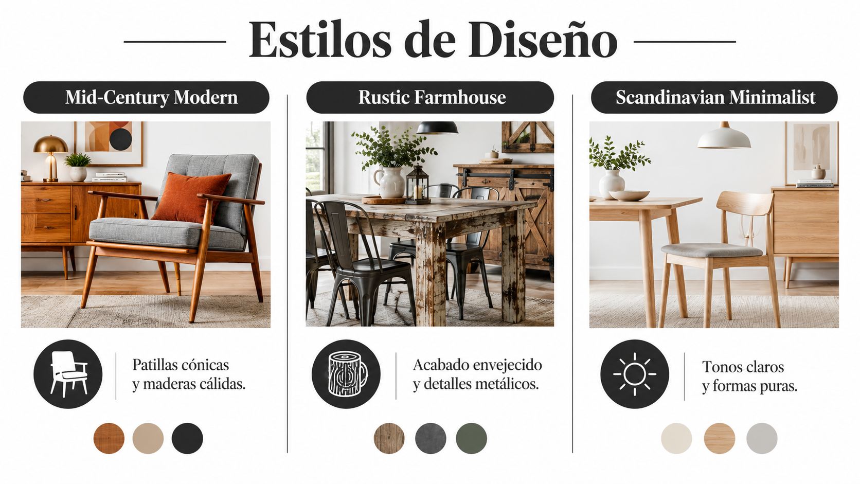 Una infografía comparando los estilos de diseño de interiores Mid-Century, Rústico de granja y Escandinavo minimalista.