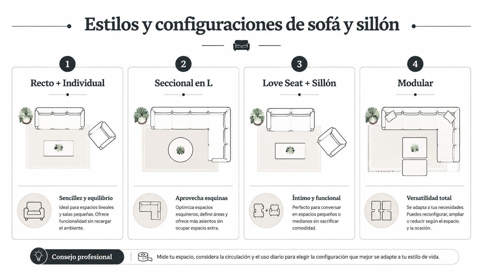 Infografía que muestra cuatro estilos y configuraciones diferentes de sofás y sillones para la sala de estar.