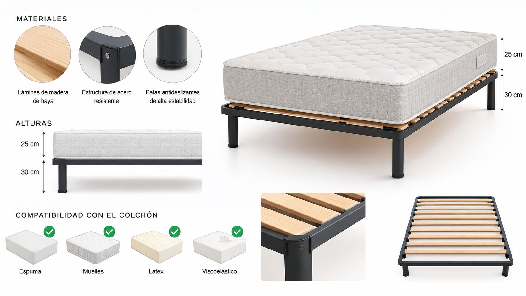 Base de cama individual con láminas de madera de haya y estructura de acero resistente en color negro.